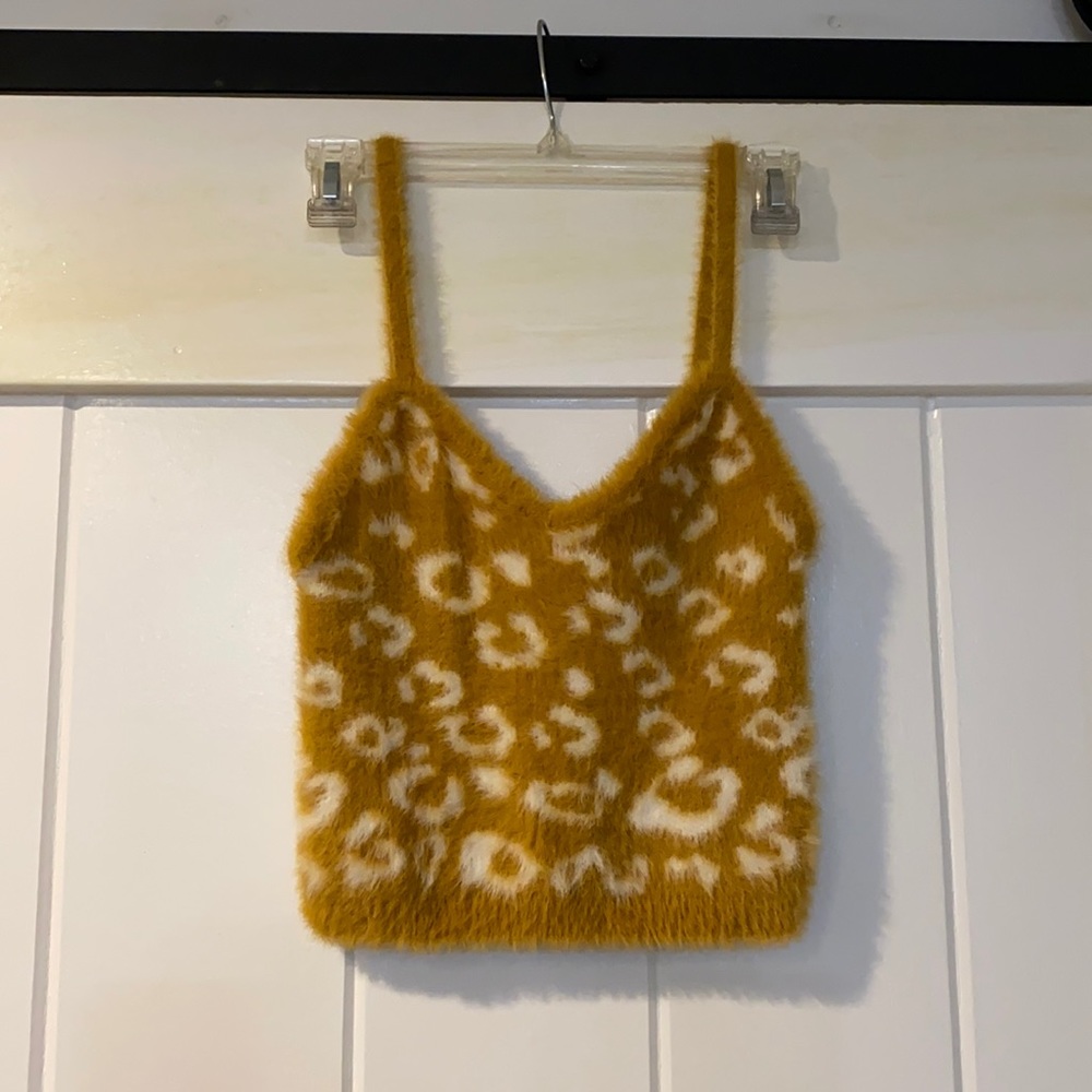 Furry yellow cheetah print crop tank top
